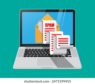 Yellow paper enevelope and spam mail on laptop screen. Long emails. Email box hacking, spam warning, virus and malware, network security. Vector Illustration in flat style