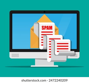 Yellow paper enevelope and spam mail on computer screen. Long emails. Email box hacking, spam warning, virus and malware, network security. Vector Illustration in flat style