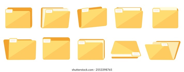 Yellow paper folder. Data storage symbols, files documents organize. Isolated empty and full folders, business office management nowaday vector elements