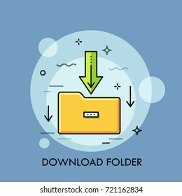 Yellow paper folder and green arrow pointing downwards. Concept of file download, data storage technology, cloud computing service. Vector illustration for web banner, website, poster, advertisement.