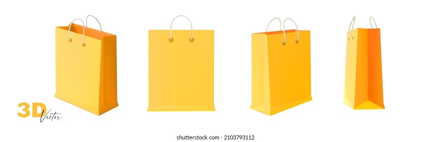 Yellow paper gift bag with handle set isolated on white. Packaging mock up