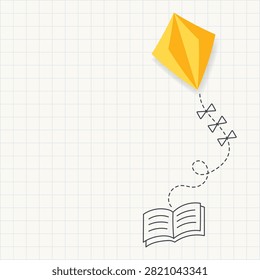 Yellow Paper Kite Flying from Open Book with Doodle Bow Tail on Light Square Grid Notebook Background, Education and Imagination Concept with Copy Space