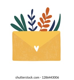 Yellow Paper Mail with plants and heart vector hand drawing print. Doodles illustration isolated on white background