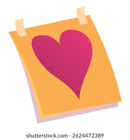 Yellow paper note with a pink heart is hanging on the wall