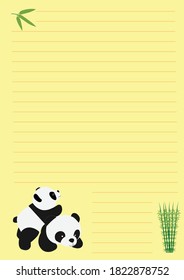 Yellow paper notebook with lines for writing. Crtoon panda.