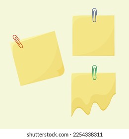 Yellow paper for notes with a paper clip. Vector illustration.