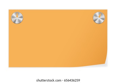 Yellow paper pinned with thumbtacks. Vector 3d illustration isolated on white background