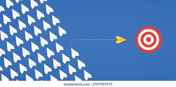 Yellow paper plane diverging from a group of white planes to hit a target, symbolizing focus, individual achievement, and goal attainment