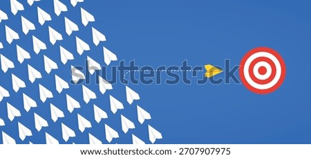 Yellow paper plane diverging from a group of white planes to hit a target, symbolizing focus, individual achievement, and goal attainment