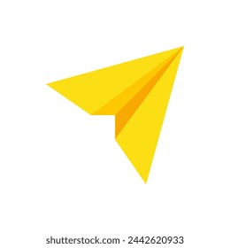 Avión de papel amarillo volando con alas ilustración plana vectorial. Símbolo de origami de nuevo envío de mensajes, carta postal en el aire, dirección de entrega urgente aislado. Juguete infantil del avión simple del vuelo