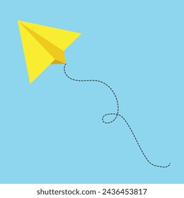 Yellow Paper plane following a path. Airplane track or route with dotted lines on sky background, eps10