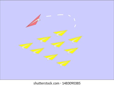 Yellow paper plane go in one direction and one red paper plane change in different direction on purple background. Business concept