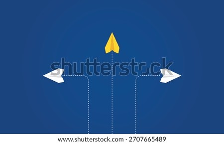 Yellow paper plane leading in a new direction while white planes branch off, symbolizing leadership, choice, and taking the lead in innovation