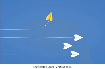 Yellow paper plane taking a different path while white planes follow, symbolizing thinking differently, changing paths, and embracing new directions