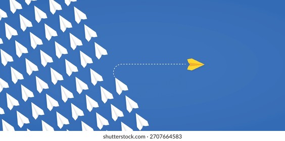 Plano de papel amarelo tomando um caminho diferente enquanto planos brancos seguem, simbolizando pensar de forma diferente, mudando caminhos e abraçando novas direções