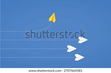 Yellow paper plane taking a different path while white planes follow, symbolizing thinking differently, changing paths, and embracing new directions