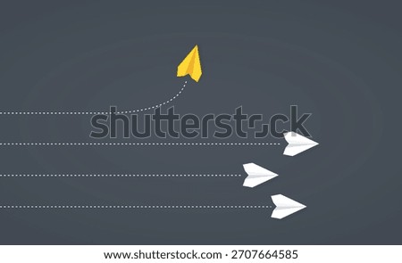Yellow paper plane taking a different path while white planes follow, symbolizing thinking differently, changing paths, and embracing new directions