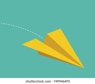 Yellow paper plane vector on green background, vector illustration.