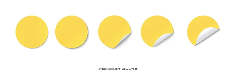 Yellow paper round adhesive sticker set with a folded edges. Blank templates of a price tag. Realistic vector stickers