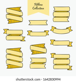 Yellow paper scrolls and ribbon banners. Hand drawn sketch. Vector illustration isolated on white background