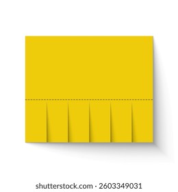 Yellow paper sheet ad with tear-off pieces, blank paper advertisement promotional announcement vector mockup isolated on a white background.