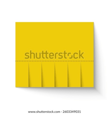 Yellow paper sheet ad with tear-off pieces, blank paper advertisement promotional announcement vector mockup isolated on a white background.