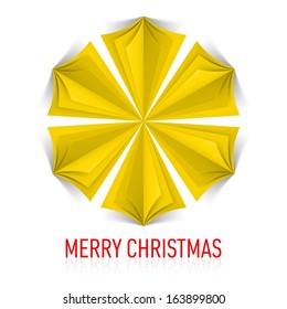 Yellow paper snowflake on white background. Greeting card.
