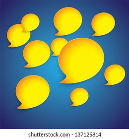 Yellow paper speech bubbles on blue gradient background- vector illustration.
