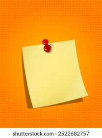 Etiqueta engomada de papel amarillo unida con un alfiler rojo sobre un fondo amarillo-naranja. Lugar para una nota. Vector