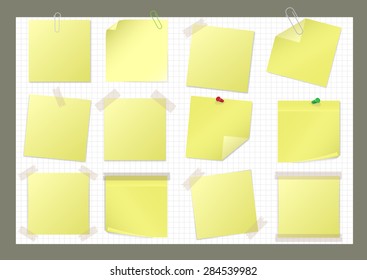 Yellow paper sticker set with pin, paper clip and sticky tape