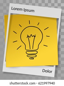 
Yellow paper sticker with white frame on gray transparent background with hand drown bulb, lamp. Space for text. Vector illustration.
