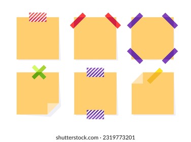 Yellow paper stickers. Sticky memo notes with scotch tape, square adhesive notepaper flat vector illustration set