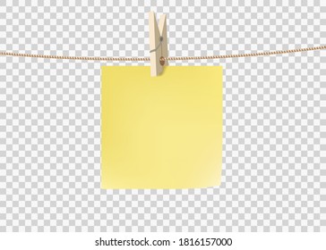 Yellow paper sticky note hanging on a rope with a clothespin. Template isolated on a transparent background. Vector background with copy space
