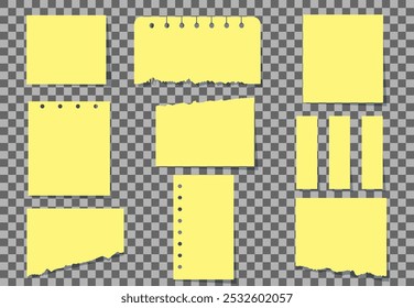 Yellow paper sticky notes, memos, notepads and torn sheets of paper on transparent background. Blank meeting reminder form, to do list and office notice. Vector