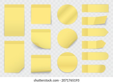 Yellow paper sticky notes, stickers set vector illustration. 3d realistic reminder labels of different shapes to notice important information on office board isolated on transparent background