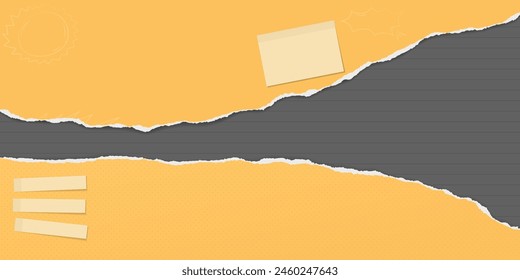 Yellow paper strips with torn edge, note and soft shadow are on grey lined background for text or ad.