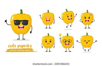 yellow paprika cartoon with many expressions. different vegetable activity vector illustration flat design. smart paprika for children story book.