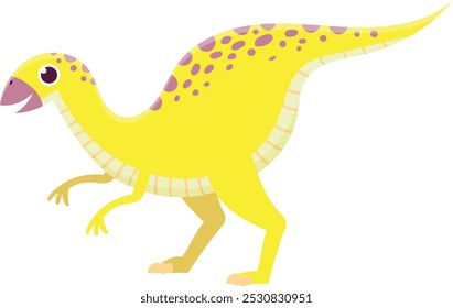 Dinosaurio parasaurolophus amarillo caminando hacia la izquierda del marco. Esta ilustración de dibujos animados sería ideal para contenido educativo o infantil