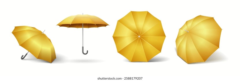 Yellow parasols in various positions realistic color icons set. Mockup umbrellas for rainy weather and insurance 3d objects bundle on white