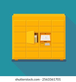 Yellow parcel locker with an open box in flat design style on a blue background with long shadow