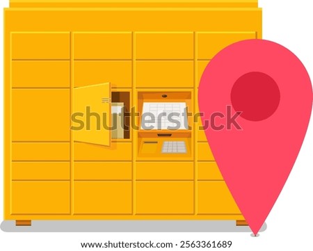 Yellow parcel locker with an open box with a red locator in the flat design style (cut out)