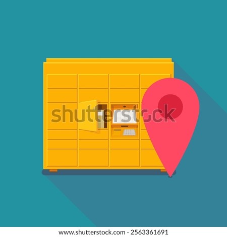 Yellow parcel locker with an open box with a red locator in the flat design style on a blue background with long shadow
