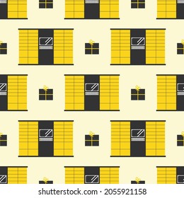 Yellow parcel station, parcel locker, postamat and boxes vector seamless pattern background.