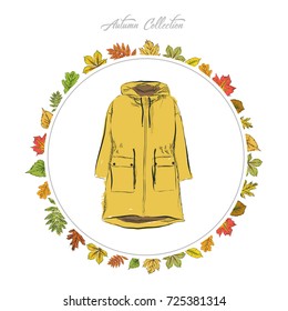 Yellow park jacket, Hand draw clothes. Autumn collection. Frame of autumn leaves. Vector illustration.