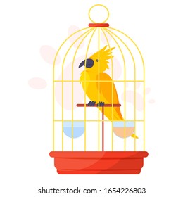 Yellow parrot in cage  Tropical bird macaw  Exotic wild creature and yellow feather  Isolated cartoon illustration