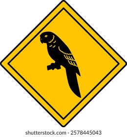 Yellow Parrot Road Sign. Vector Icon. Tropical Bird. Road Sign Warning Animals Crossing Road. Zoo Sticker