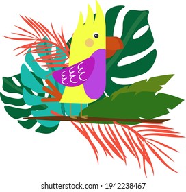 A yellow parrot sits on a branch with tropical leaves. Summer tropical illustration isolated on white background in cartoon style. Vector illustration for use in decor, postcards, brochures, flyers 