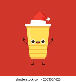 Yellow party cup isolated on red background, vector illustration. Yellow beer cup vector. Party cup character design.