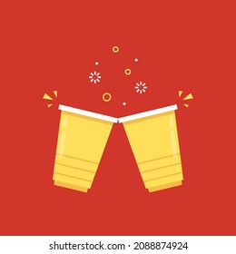 Yellow party cup isolated on red background, vector illustration. Yellow beer cup vector. Beer pong.