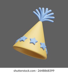 Yellow party hat with blue stars decoration and tassel pom pom. 3D style vector icon isolated on dark. Happy birthday celebration accessory, party costume cone cap, magic wizard star cone hat.